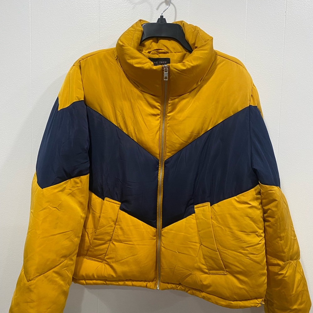 Love Tree Yellow and Navy Puffer Jacket with High Collar